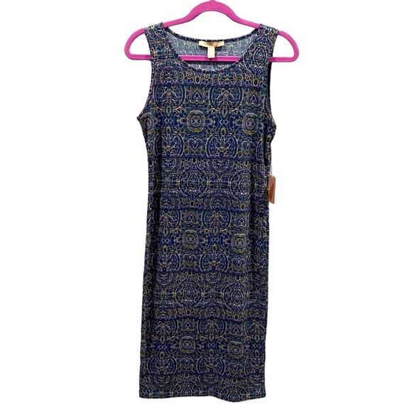Forever 21 Midi Blue Paisley Midi Dress Sz L NWT Stretchy Casual Flirty - Picture 1 of 6